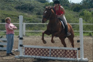 A female riders jumps her horse over a small jump while her riding lesson instructor watches.