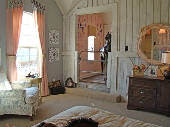 I love this equestrian style girl's bedroom that has more elegance and femininity than your typical horse -crazy kid's bedroom.