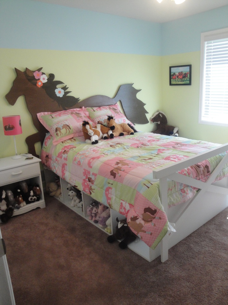 Equestrian kid's bedrooms. Horse Bed  Horse headboard, fence footboard, and under-bed storage. #maderemade #horsebed #horse #horse bed