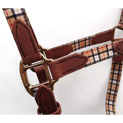 Blue Plaid Nylon Horse Halter with Leather Tabs